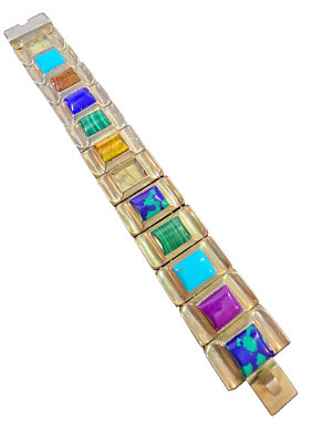 950 silver Mexico Bracelet Multicolor Gemstones azurite malachite 6.75"-READ-S29 | eBay US