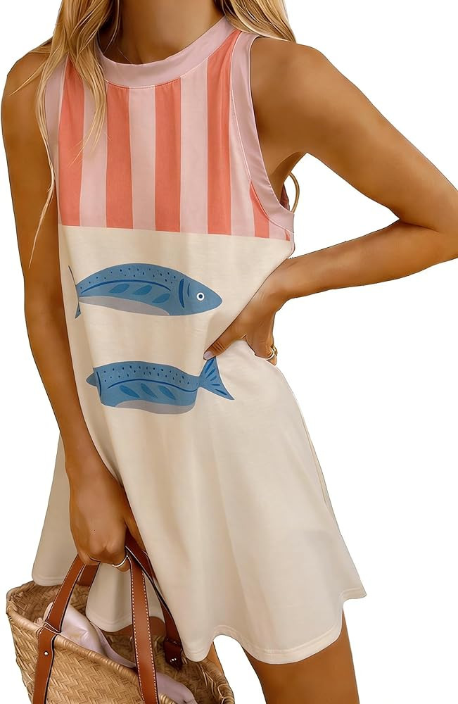 LOVESHOOT Womens Tank Dresses Summer Casual Mini Sleeveless Crew Neck Fish Printed Sundress Loose... | Amazon (US)