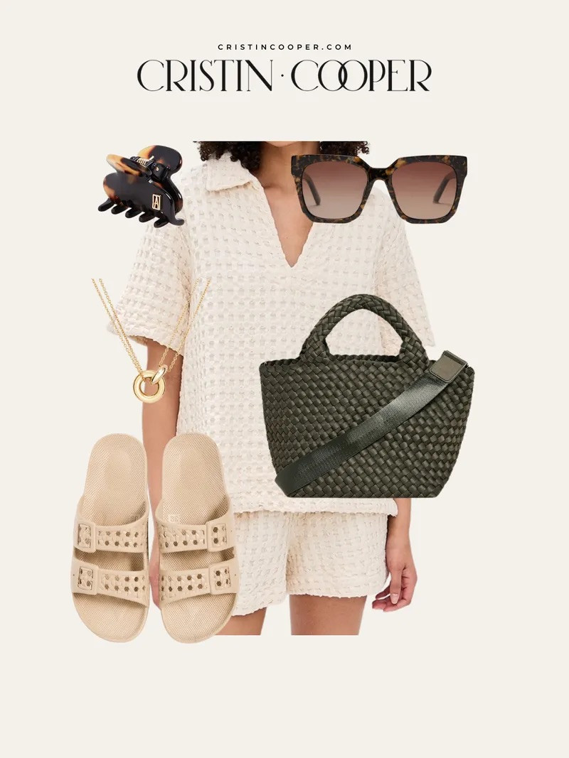 White quilted textures are timeless when paired with neutral accessories and a green woven tote that brings color without being loud. 

 #LTKootd #LTKSeasonal