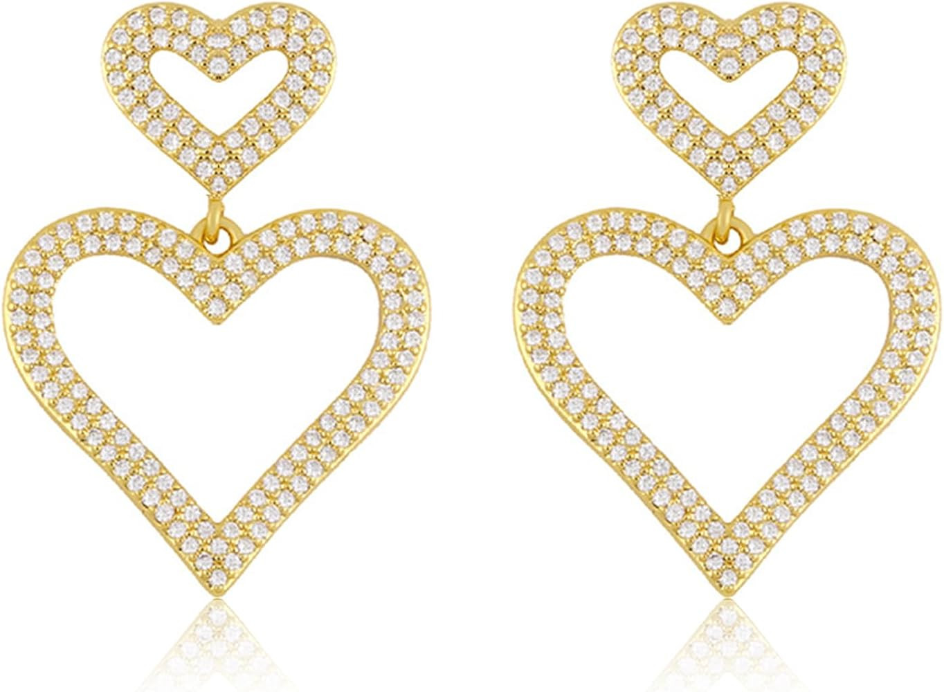 14K Gold Heart Earrings Silver Heart Rhinestone Earrings Dangle Sparkly Earrings for Women Big He... | Amazon (US)