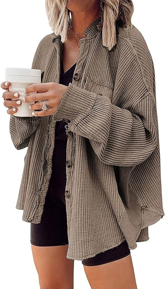 Yanekop Womens Waffle Knit Shacket Boyfriend Shirt Jacket Button Down Blouse Loose Fit Long Sleeve T | Amazon (US)