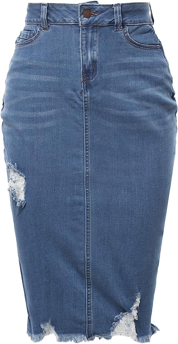 A2Y Women's Slim Fit Rayon Knee Length Unhem Back Slit Denim Jean Pencil Skirt | Amazon (US)