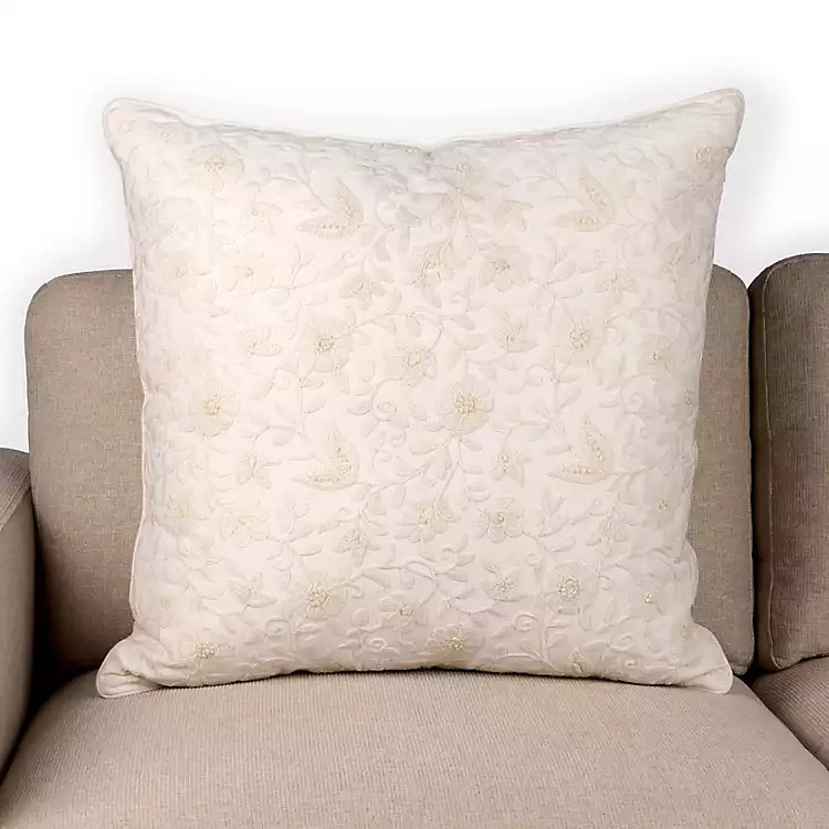New! Cream Embroidered Floral Pillow | Kirklands