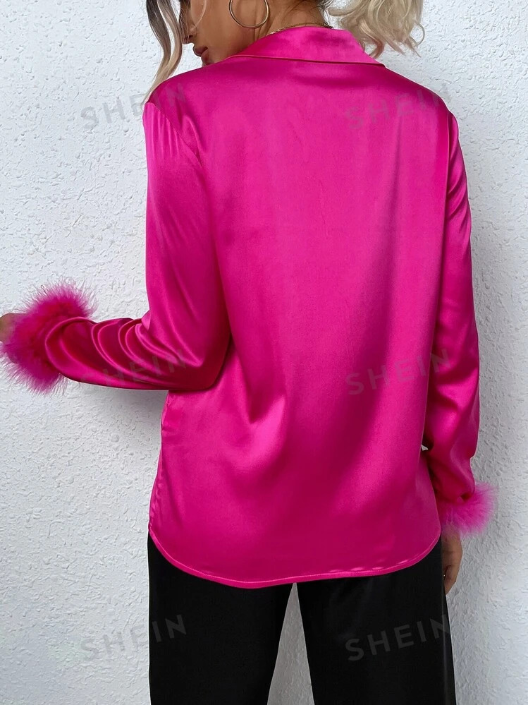 SHEIN Allurite Fuzzy Cuff Satin Shirt | SHEIN