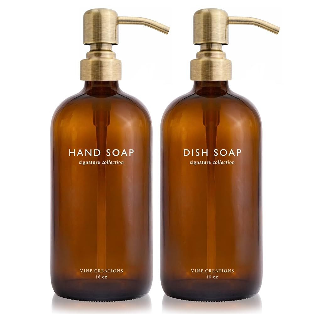 Vine Creations Amber Glass Soap Dispenser Set, Dish Soap and Hand Soap Dispenser Set with Stainle... | Amazon (US)