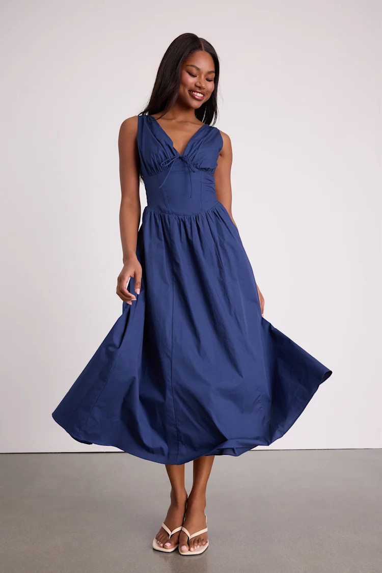Lettie Navy Poplin Plunge Neck Midi Dress | Lulus