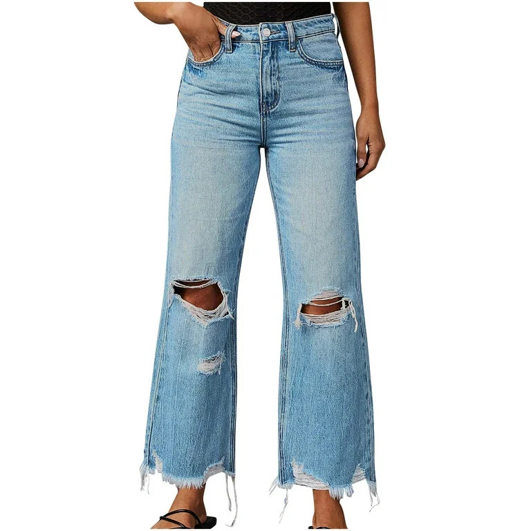 CENGNIAN No Boundaries Women's Distressed Denim Trousers,Ladies Fringe Ripped Wide Leg Jeans,High... | Walmart (US)