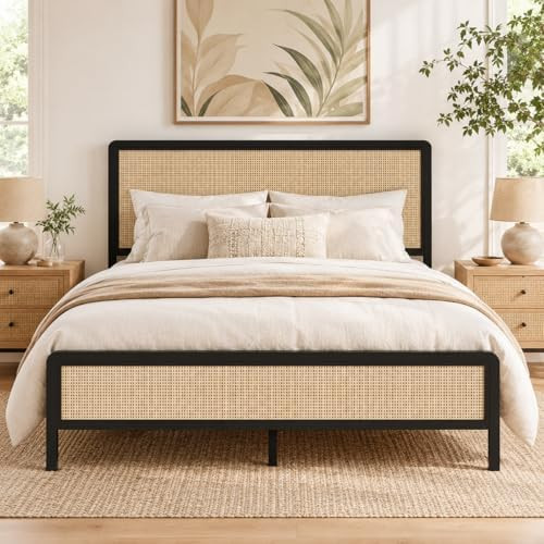 Rattan Full Size Bed Frame with Headboard, Boho Full Metal Platform Bed Frame with Steel Slats, U... | Amazon (US)