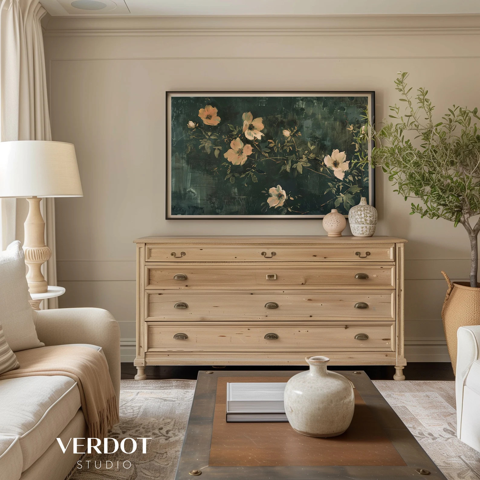 Flower Painting Frame TV Art, Antique Dark Green Peach Wildflower Screensaver, Earthy Organic Flo... | Etsy (US)