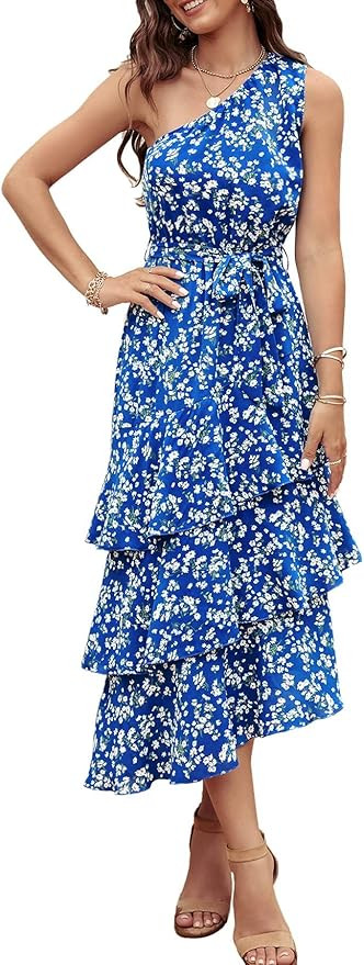 PRETTYGARDEN Women's Summer Floral Sundress Casual One Shoulder Tiered Ruffle Flowy Midi Beach Bo... | Amazon (US)