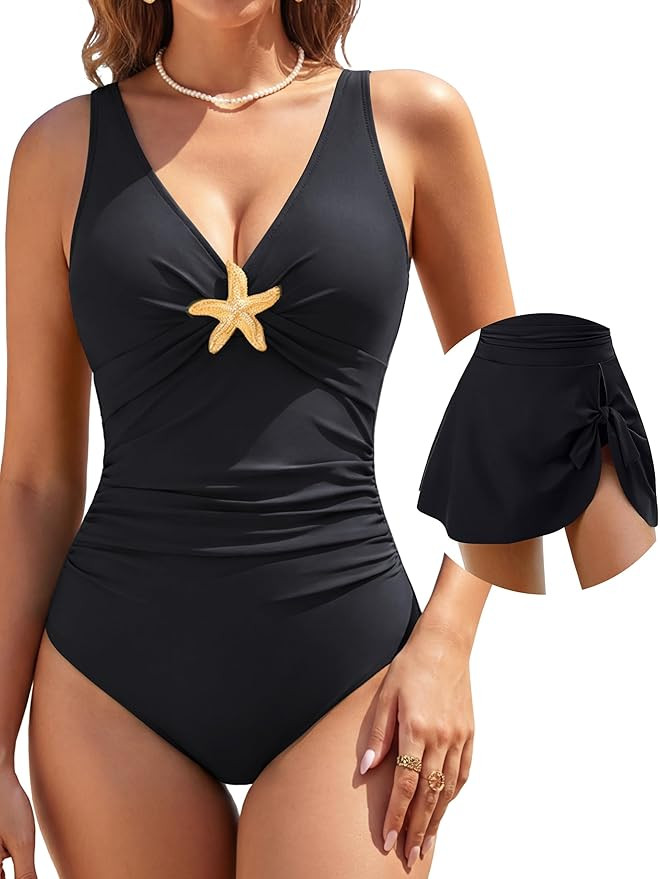 BMJL Womens One Piece Swimsuit with Swim Skirt Slimming Tummy Control Bathing Suit Metal Starfish... | Amazon (US)