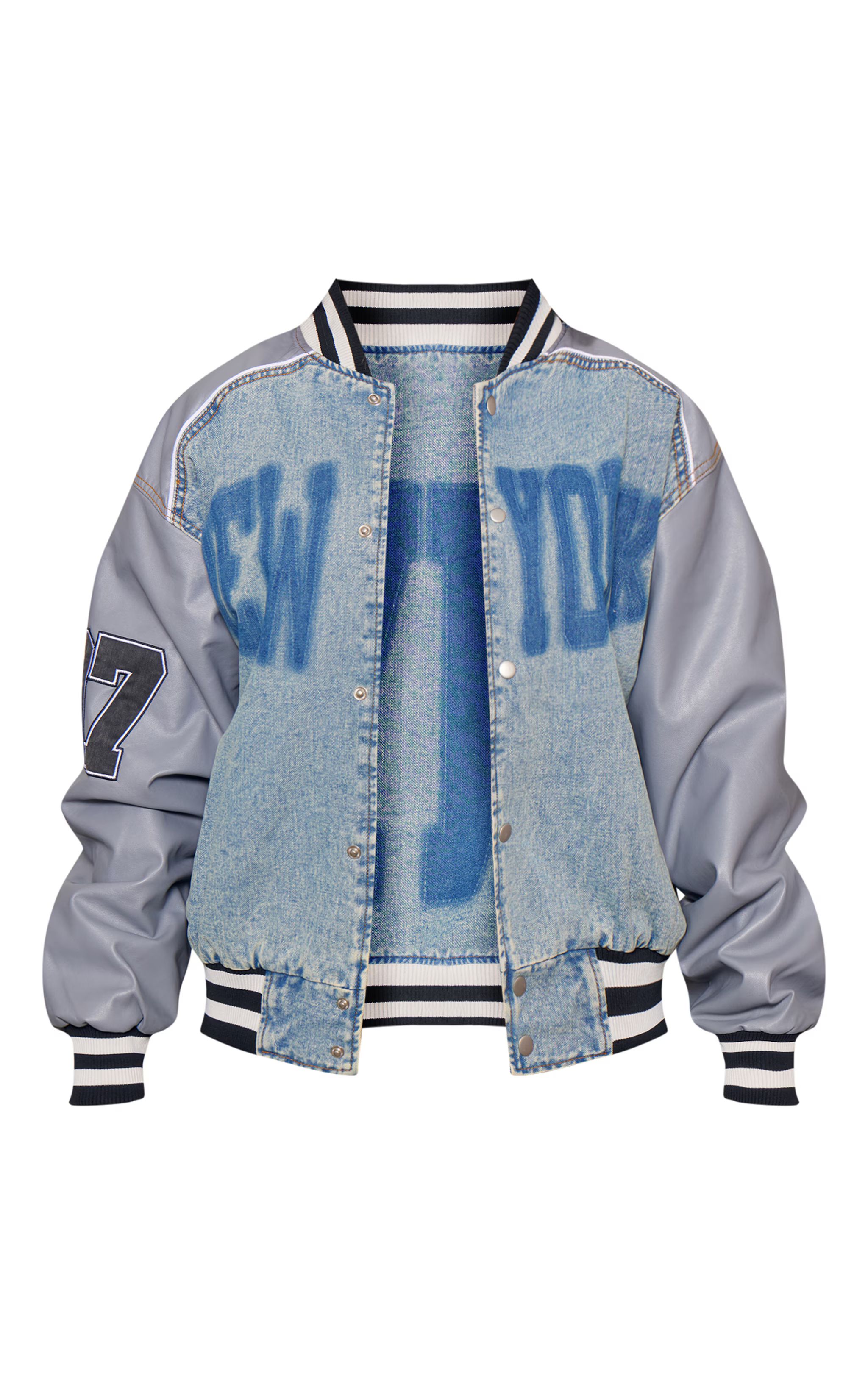 Blue New York Button Up Oversized Denim Varsity Jacket | PrettyLittleThing US