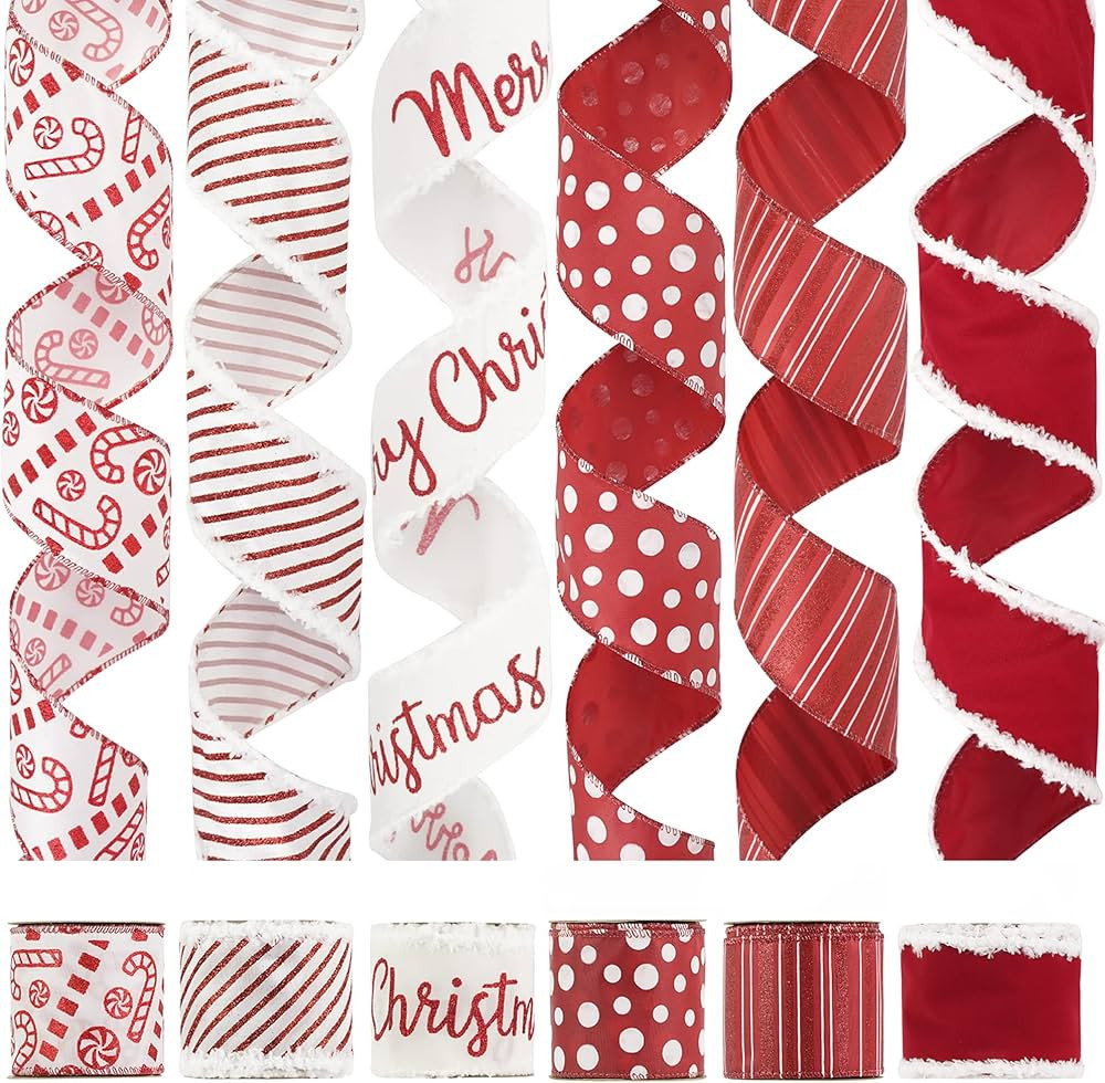 HUIHUANG Christmas Ribbon Wired Red Christmas Tree Ribbon 6 Rolls Red and White Ribbon Candy Cane... | Amazon (US)