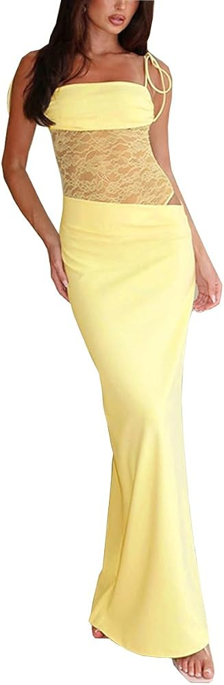 Women Sexy Lace Patchwork Maxi Dress Spaghetti Straps Y2K Sheer Long Bodycon Club Cocktail Dresse... | Amazon (US)