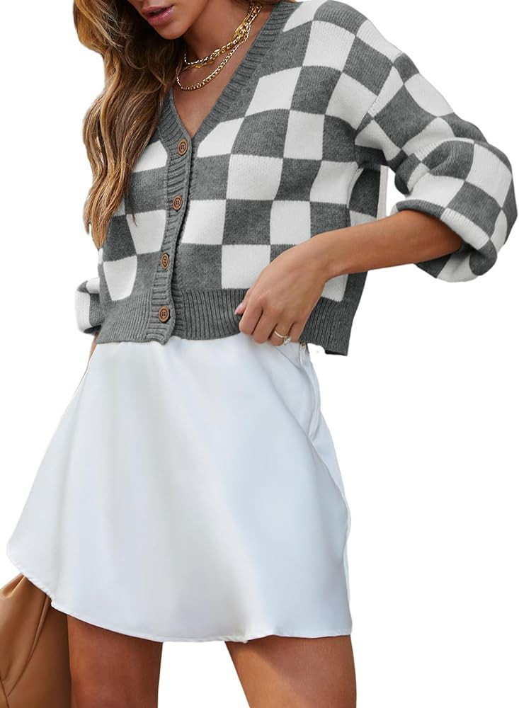 Dokotoo Womens Checkered V Neck Button Down Long Sleeve Cable Knit Cropped Cardigan Sweaters Tops | Amazon (US)