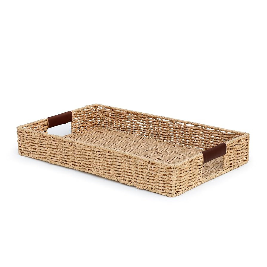 Handwoven Multipurpose Rectangle Rattan Tray, 20” x 12” – Durable Wicker Tray with Leather ... | Amazon (US)