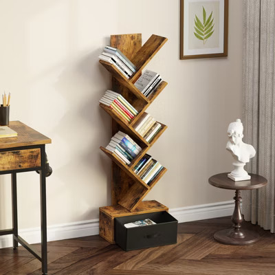 Greenstell Tree Shape 7 Tier Bookshelf - Narrow Floor Standing Bookcase with Cabinet Storage for Living Room/Bedroom/Home Home Decor,Rustic Brown | Target