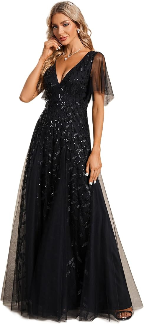Ever-Pretty Women's Sequin Embroidery V-Neck Short Sleeve Maxi Evening Dress Prom Gowns 0734-USA | Amazon (US)