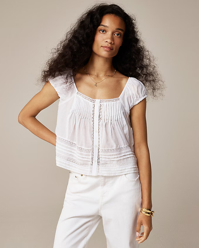 Cap-sleeve lace-trim top in cotton voile | J. Crew US