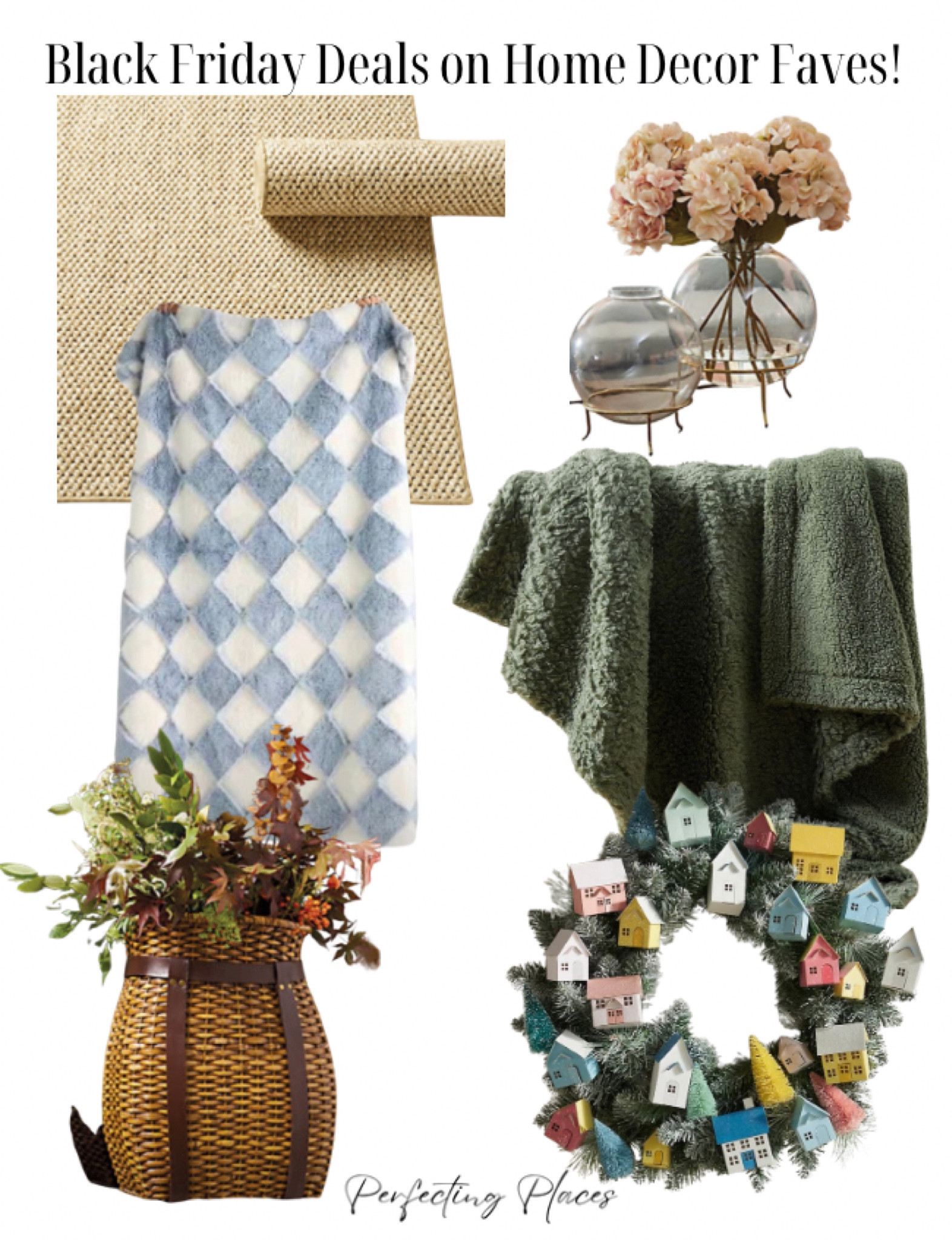 Great Black Friday Deals on these home decor favorites!! Ballard Designs Columbia sisal rug, Eleanor vase, Anthropologie checkered faux fur throw, Adirondack hanging basket, Pottery Barn fireside Sherpa throw, Terrain Paper Village Wreathh

#LTKGiftGuide #LTKHome #LTKHoliday