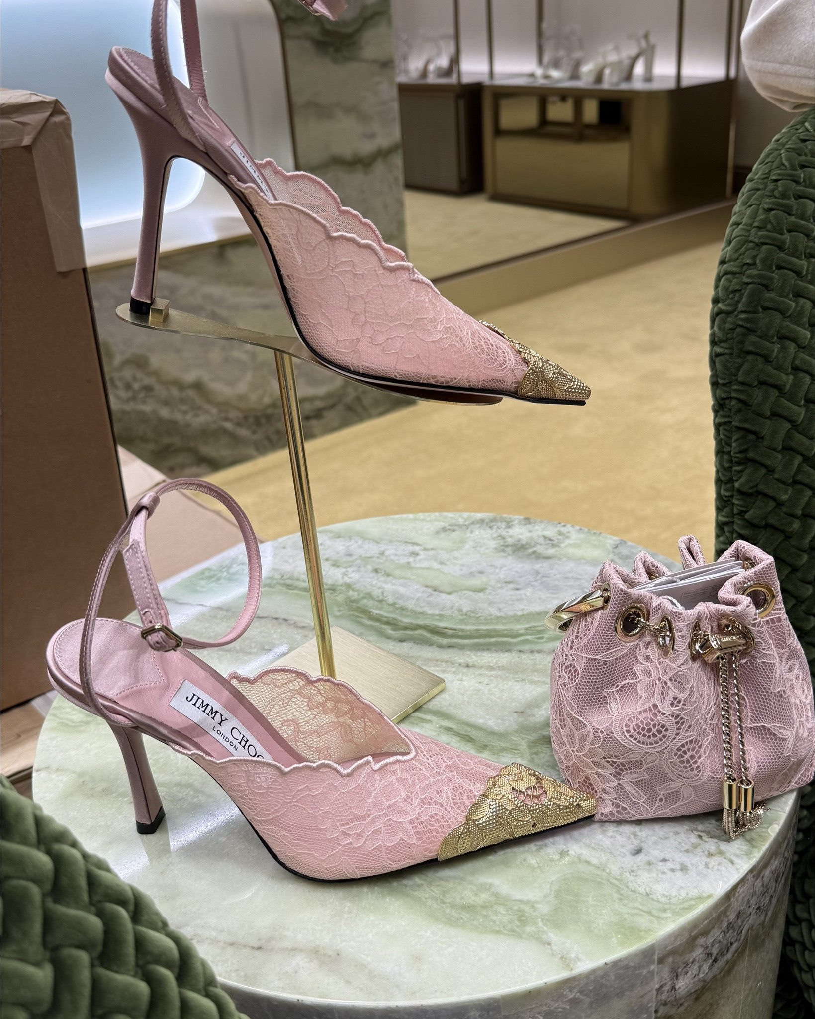 The most wanted IT shoe of the season. The Taiz heel from Jimmy Choo in pink lace and a golden front top. Padded front and perfect heel for actual being able to walk in! Runs true to size. 

#LTKootd #LTKSeasonal