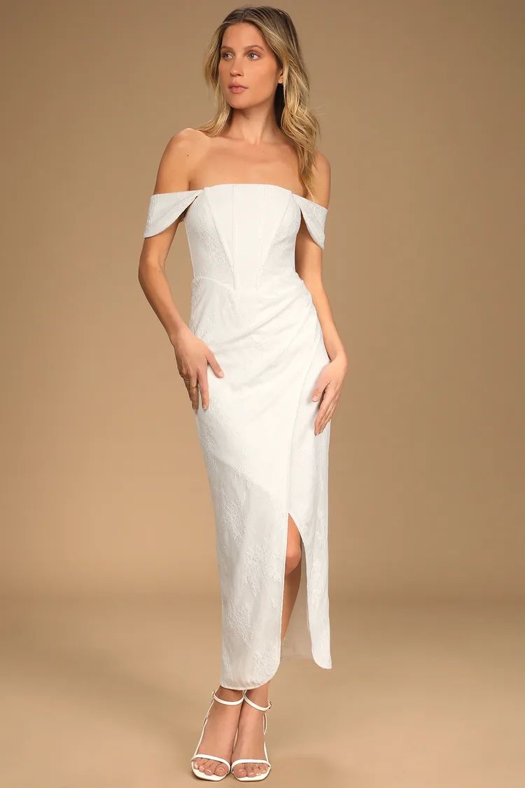 Falling For Us White Lace Off-The-Shoulder Faux-Wrap Midi Dress | Lulus (US)