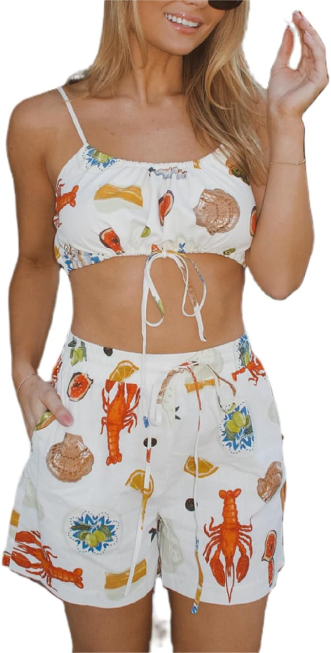 Women Tie Front Set Y2k Sleeveless Lobster Print Cami Tops High Waist Short 2024 Summer Pajama Se... | Amazon (US)