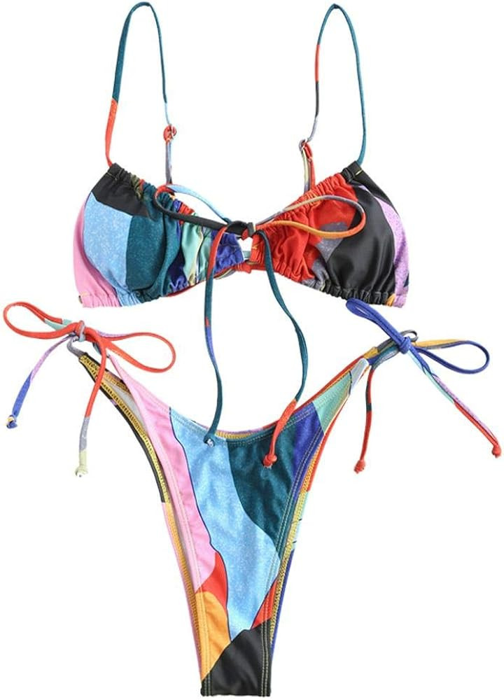 ZAFUL Women's Ribbed Braided String Bikini Lace Up Criss Cross Swimsuit Square Collar High Cut Ba... | Amazon (US)