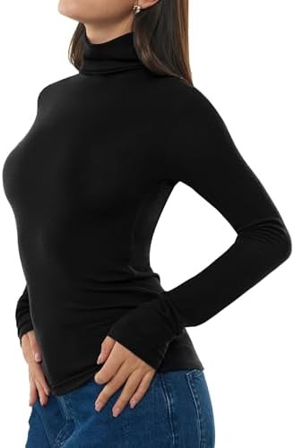Women's Turtleneck Long Sleeve Merino Wool Blend Shirts Fitted Going Out Tops Basic Tees Cozy Emb... | Amazon (US)