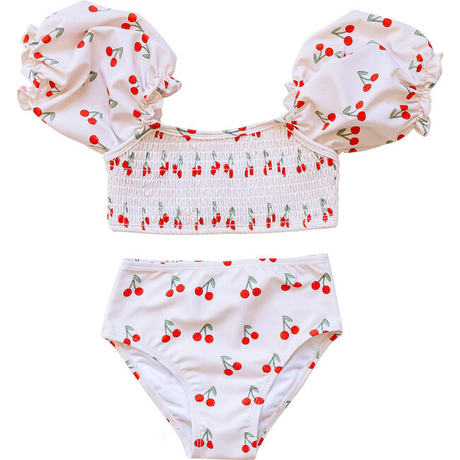 Girl's Sleeved Smocked & High-Waist Bikini, Cherry | Maisonette