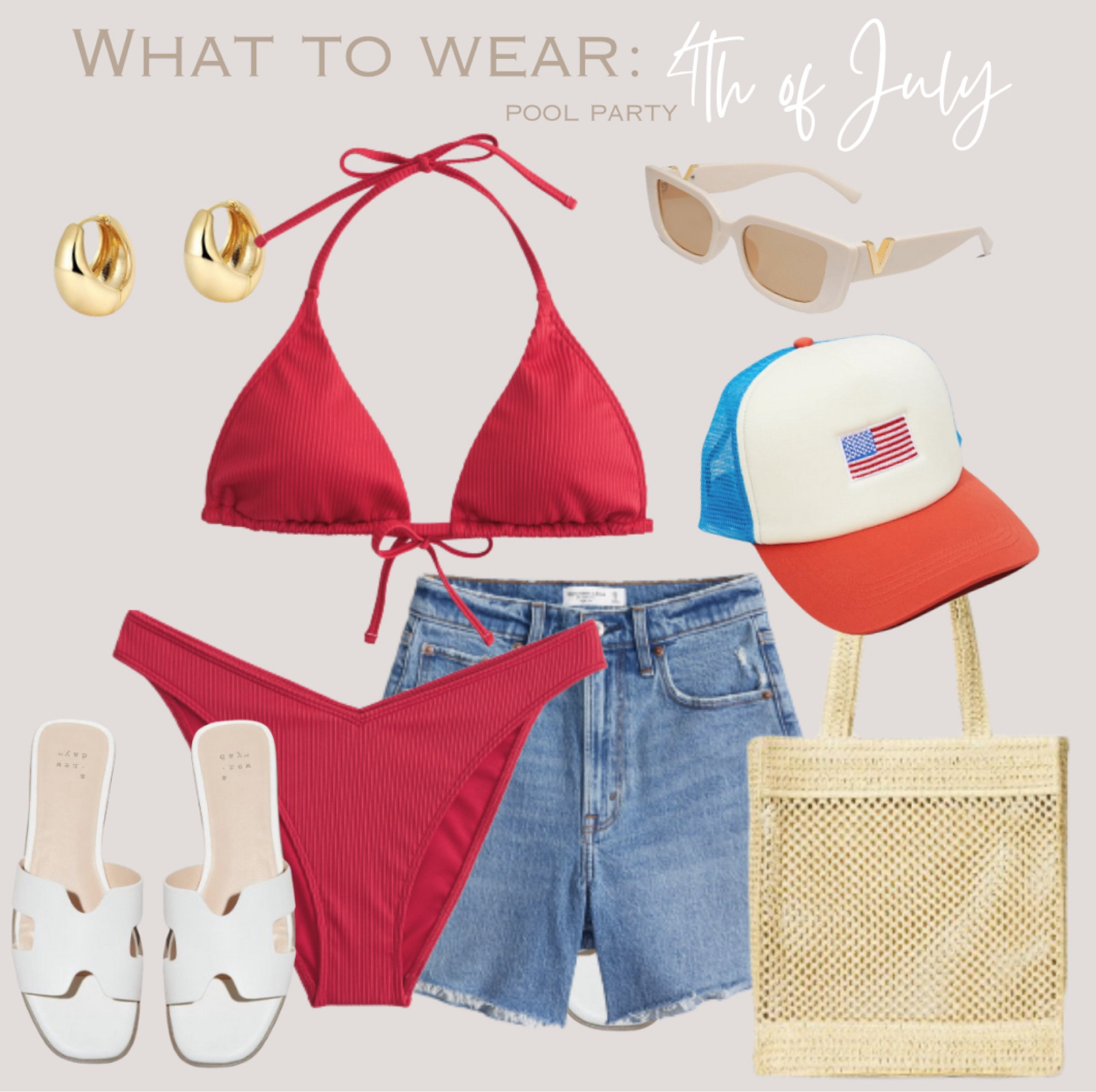 What to wear: 4th of July, Pool party! 

Swimsuit, red bikini, USA trucker hat, sunglasses, sandals, summer tote bag 

#whattowear #4thofjuly #poolparty #outfitinspo 

#LTKStyleTip
