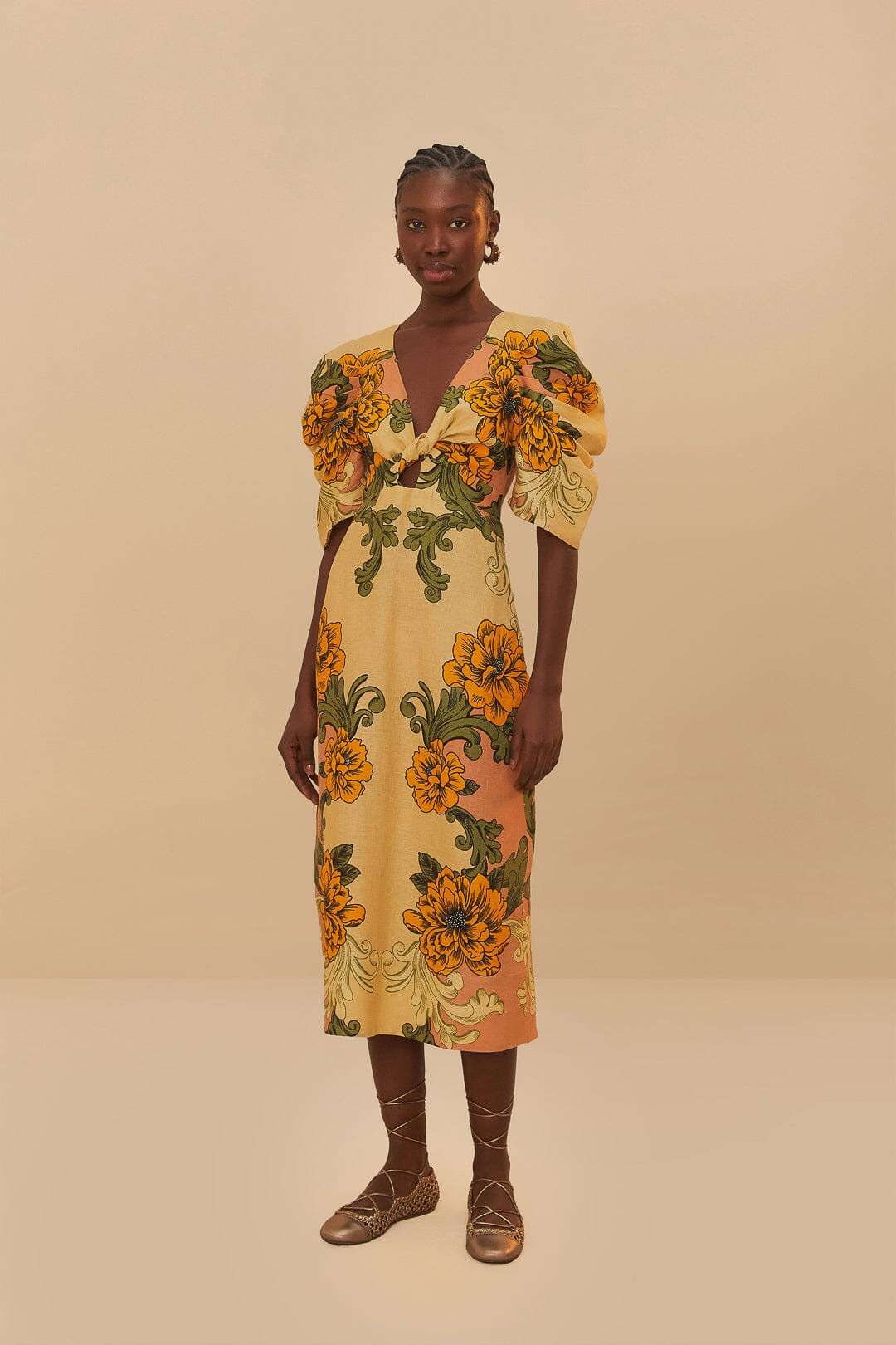 Cream Delicate Flower Arabesques Euroflax™ Premium Linen Midi Dress | FarmRio (US)