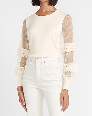 Ruffle Mesh Sleeve Crew Neck Sweater | Express