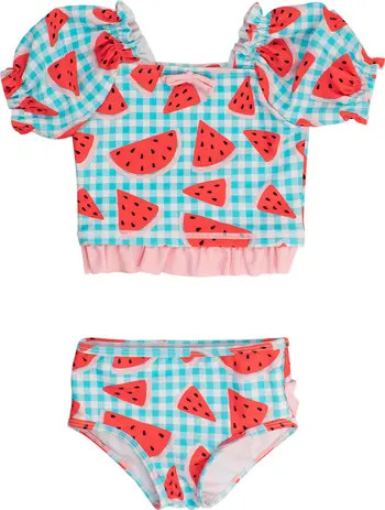 RuffleButts Kids' Watermelon Gingham Puff Sleeve Two-Piece Swimsuit | Nordstrom | Nordstrom