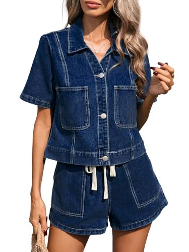 Kedera Denim Set for Women 2 Piece Summer Short Sleeve Shirt Top and Jean Shorts Lounge Sets Denim Matching Outfits | Amazon (US)