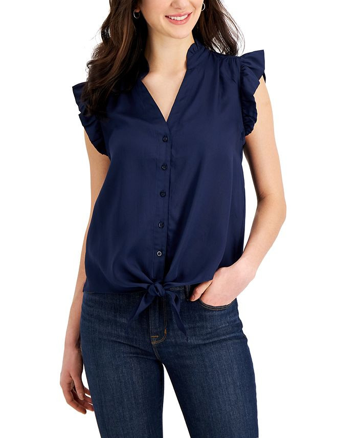 Charter Club Women's Tie-Hem Button-Up Blouse; Created for Macy's & Reviews - Tops - Women - Macy... | Macys (US)