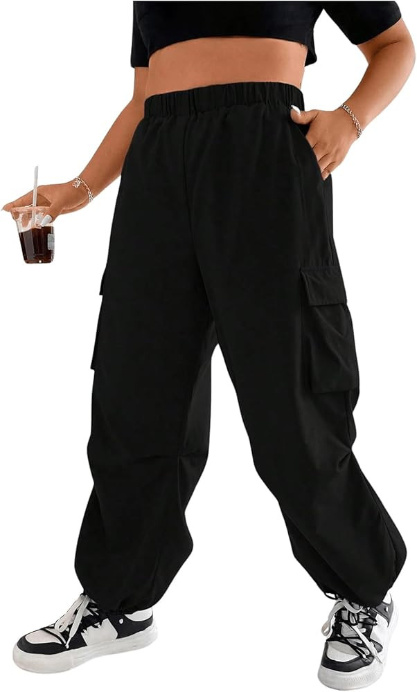 GORGLITTER Women's Plus Size Cargo Pants Flap Pocket Side High Elastic Waist Baggy Pants | Amazon (US)