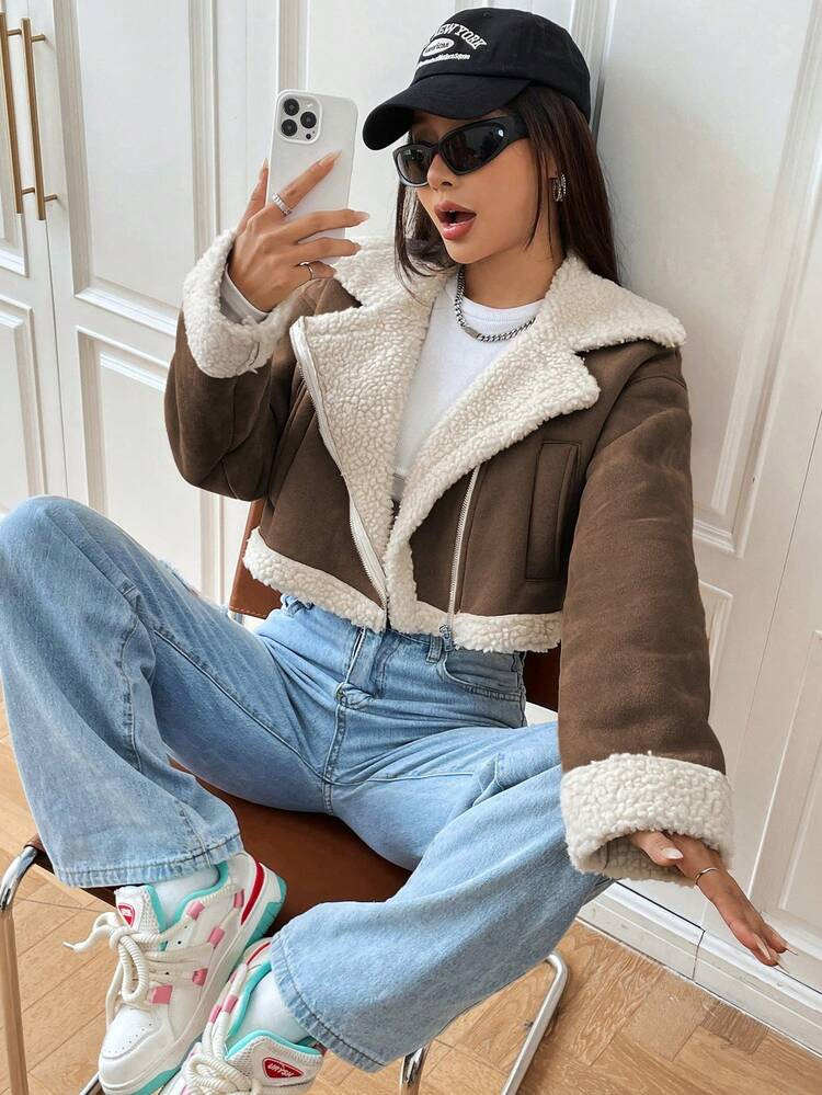 Brown Sherpa Jacket | SHEIN