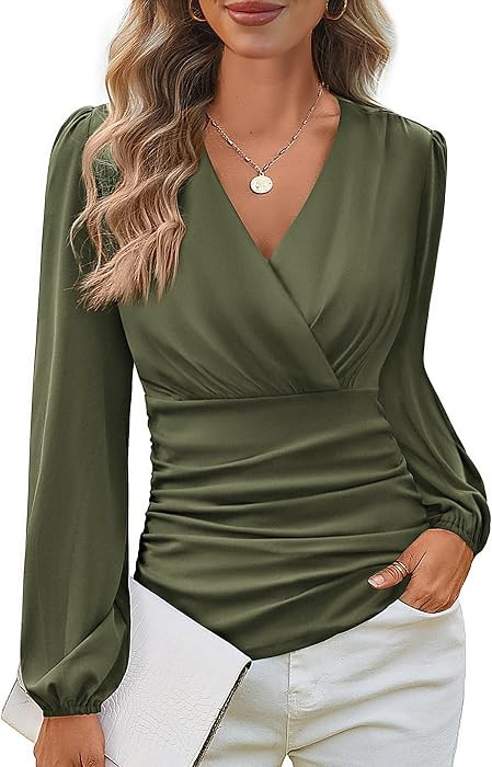 GRACE KARIN Womens Long Sleeve Tops Dressy Casual Wrap Fall Blouses | Amazon (US)
