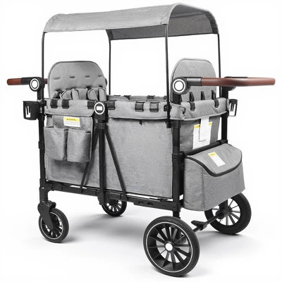TODECARE 4-Seat Foldable Wagon Stroller with Harnesses, Adjustable Double Push Handle, Canopy, Snack Tray & Storage Bag, Gray | Target