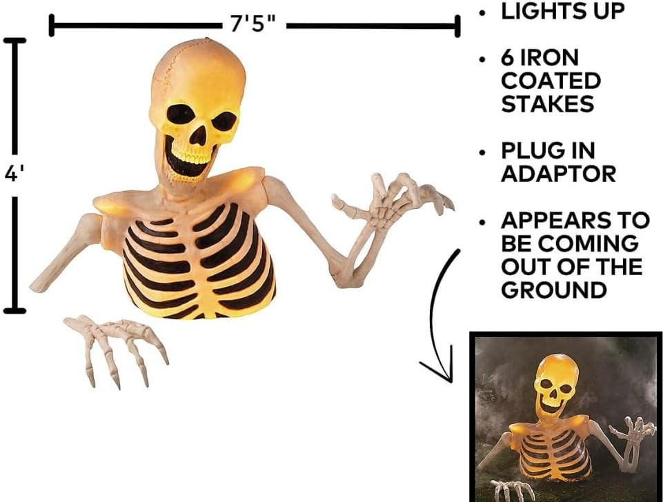 Light-Up Ground Breaking Skeleton, Halloween Outdoor Indoor Decoration, Durable Plastic, 89 Inch Length, Illuminated Graveyard Theme | Amazon (US)