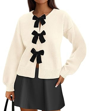 PRETTYGARDEN Cardigan Sweaters for Women Fall Fashion 2025 Bow Tie Front Long Sleeve Knit Sweater... | Amazon (US)