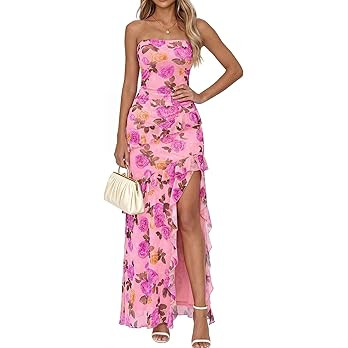 BTFBM Off The Shoulder Dresses for Women Summer 2026 Strapless Ruffle Sundress Slit Formal Cockta... | Amazon (US)