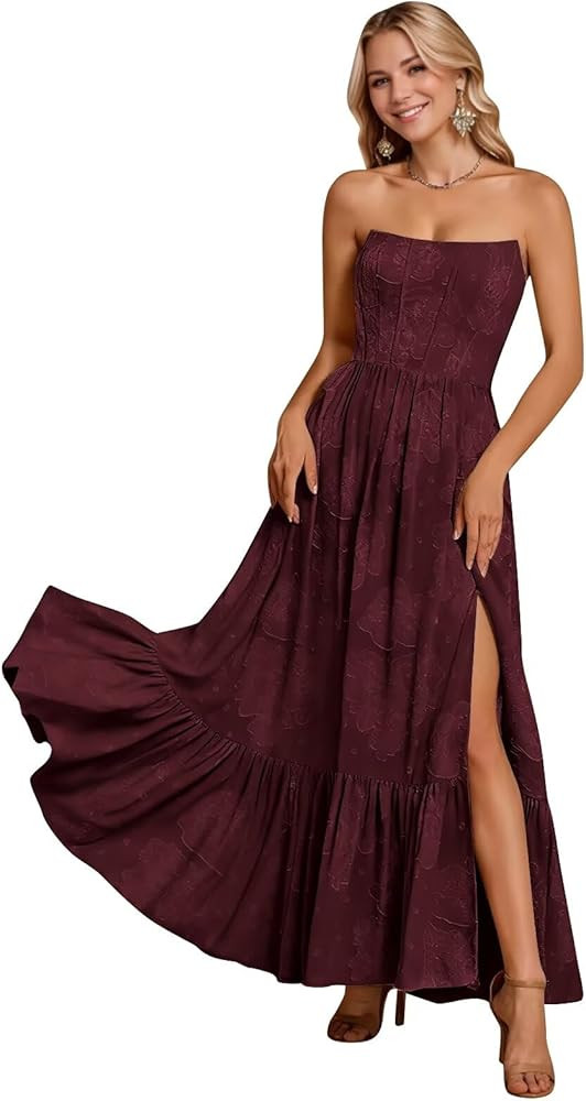 Monlity Jacquard Cocktail Dresses Midi Strapless Front Slit Prom Dress A Line Formal Evening Gown... | Amazon (US)