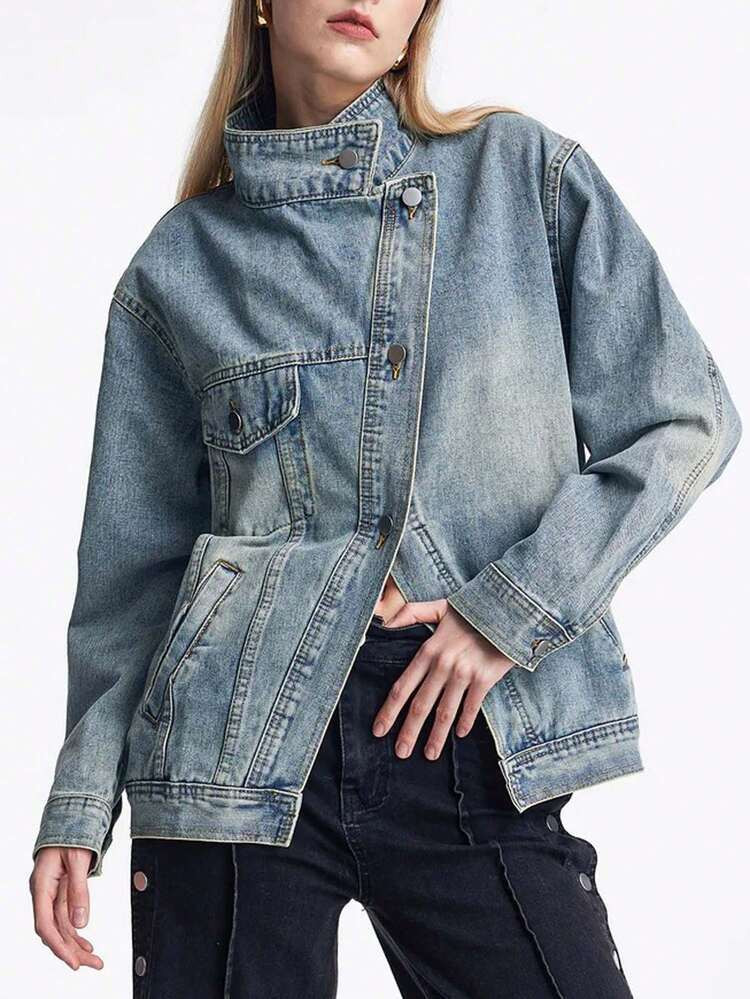 GLOURI Women's Loose Fit Jean Jacket - Asymmetric Slant Placket W/ Multiple Pockets | Long Sleeve Vintage Blue Jean Coat For Streetwear (Winter /Autumn 2025 Fashion) | SHEIN