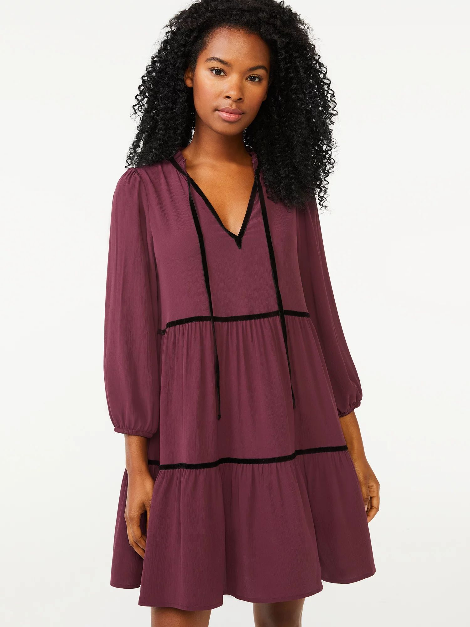 Scoop Women's Velvet Trim Tiered Dress - Walmart.com | Walmart (US)