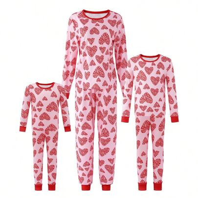 2pcs Women Valentine's Day Matching Family Pajama Set, Pink Minimalist Heart Print Long Sleeve Top & Pants, Home Wear Outfit, Suitable For Spring & Au | SHEIN