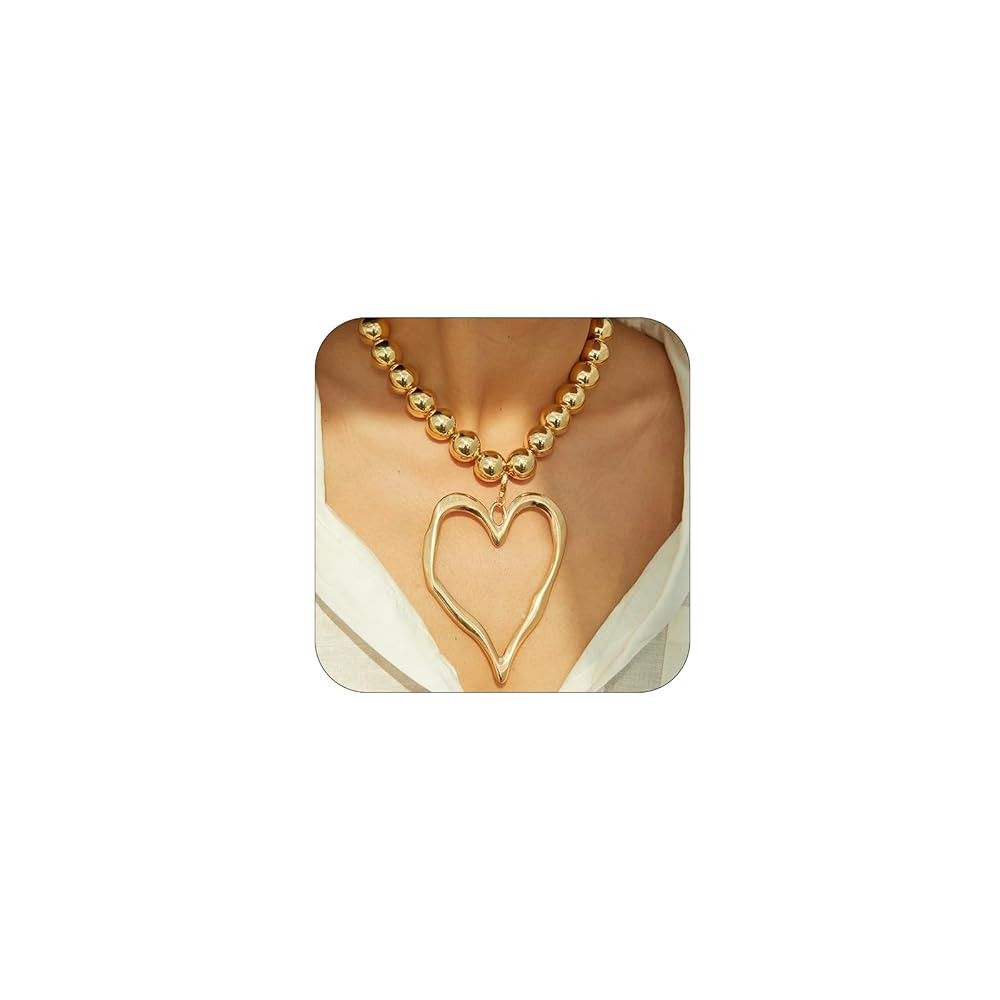 Unique Big Chunky Gold Heart Beads Necklace for Women, Charm Large Thick Hollow Love Heart Pendan... | Amazon (US)