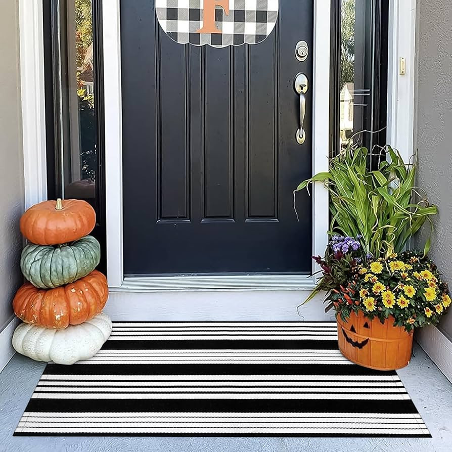 OJIA Cotton Black and White Striped Rug 2x4 Hand-Woven Indoor/Outdoor Area Rug Layered Door Mats ... | Amazon (US)