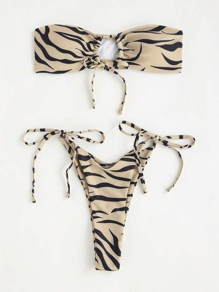 SHEIN Swim Vcay Zebra Stripe Bandeau Tie Side Bikini Swimsuit | SHEIN